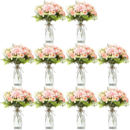 Reallnaive 30 Pack Artificial Flowers Table Centerpieces Decorations with Plastic Vase Wedding Mason Jar 20 Bundles Silk Floral Bouquet 10 Clear Vase with Rope for Party Decor(Dahlia,Pink)