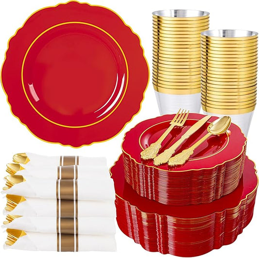 Liacere 350PCS Red Plastic Plates - Red Disposable Plates With Gold Rim - 50Guest Baroque Plastic Dinnerware include 100Plates-50Pack Pre Rolled Napkins with Silverware 50Cups for party & Mothers Day