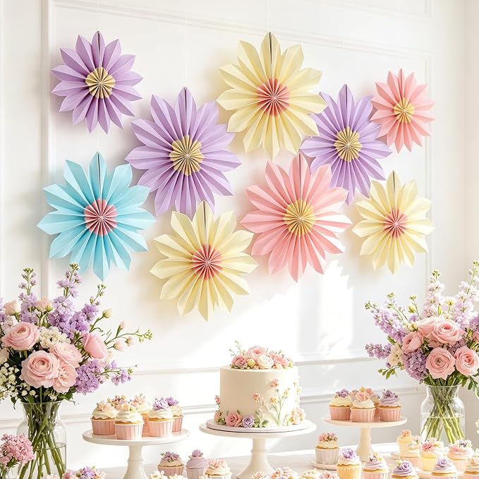 Pastel Paper Fans, Pastel Party Decorations for Classroom, Birthday, 9 PCS Yellow, Pink and Purple Pastel Paper Flower Decorations for Baby Shower, Wall Decor