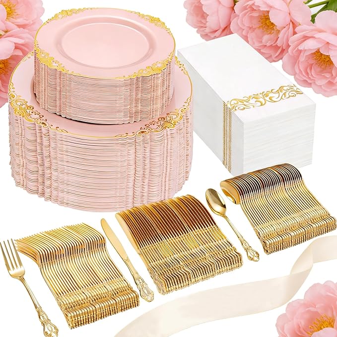 Ciaell 300PCS Pink and Gold Plastic Plates - Pink Disposable Dinnerware Sets for 50 Guests - 100 Plates, 50 Knives, 50 Forks, 50 Spoons, and 50 Napkins for Wedding, Party & Mother's Day
