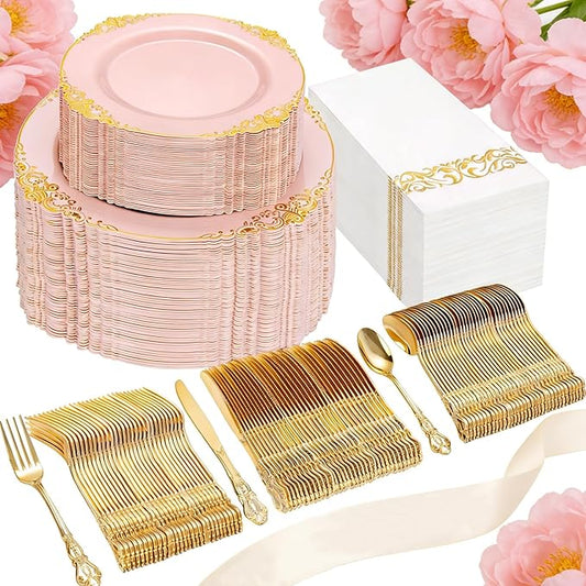 Ciaell 300PCS Pink and Gold Plastic Plates - Pink Disposable Dinnerware Sets for 50 Guests - 100 Plates, 50 Knives, 50 Forks, 50 Spoons, and 50 Napkins for Wedding, Party & Mother's Day
