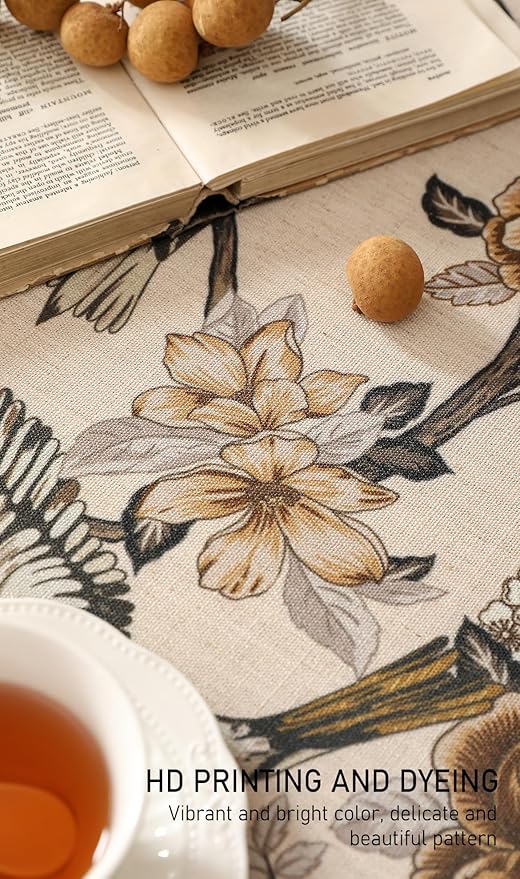 ISAENNE Designer Vintage Linen Tablecloth Rectangular,94"x63"-Murad A | French Elegant Table Cloth for Rectangle Table,Floral and Bird Pattern for Dining Kitchen Tea Party Thanksgiving,Decor