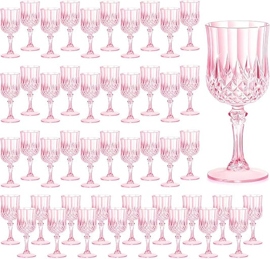 7OZ Plastic Wine Glasses, Reusable Vintage Goblets Unbreakable Drinking Glasses Crystal Water Cups Champagne for Wedding, Parties, Mother's Day (48, Pink)