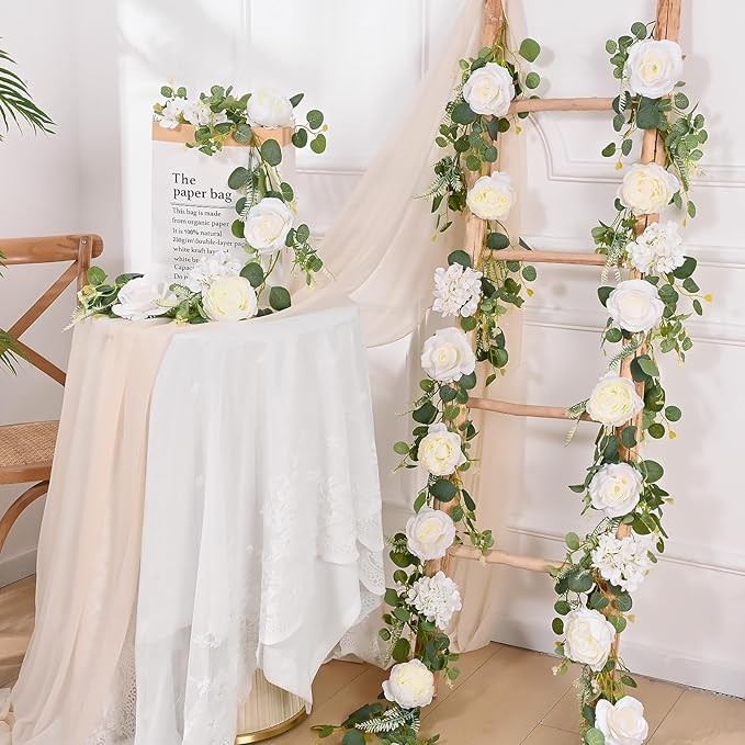 Livole 2Pcs 6 FT Artificial Flower Garland Fake White Rose Peony Floral Garland with Eucalyptus Flower Hanging Vine for Wedding Arch Table Centerpieces Backdrop Party Home Decorations