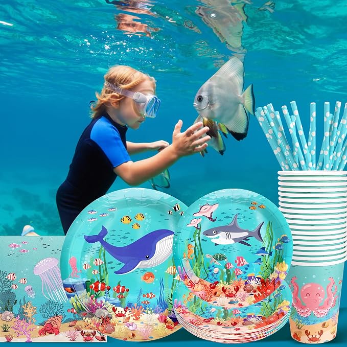 Recheel Under the Sea Birthday Party Supplies Decorations, Ocean Theme Paper Plates and Napkins Set for 24 Guests, 120 Pcs Disposable Sea Animals Party Dessert Dinnerwares