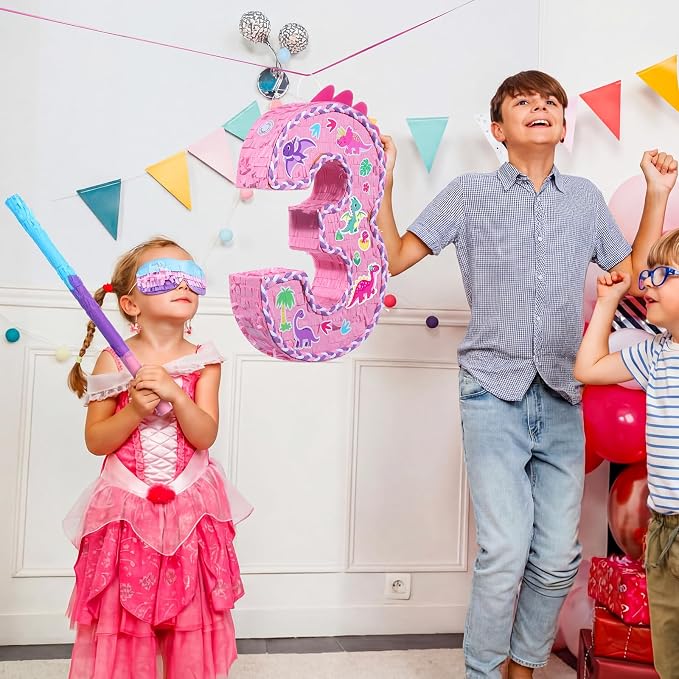 Dinosaur Pinata Set Dino Themed Pinata with Stick and Blindfold Girls Dinosaur Birthday Party for Animal Theme Party Decoration Baby Shower Game Supplies (Pink Dino)