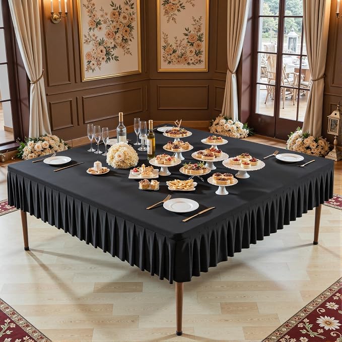 Shillance 54x54 Inch Black Spandex Square Tablecloth, Wrinkle Free Black Fitted Table Cloth for Square Tables,Washable Pleated Table Cover for Wedding Birthday Cocktail Party Buffet Dinner Camping