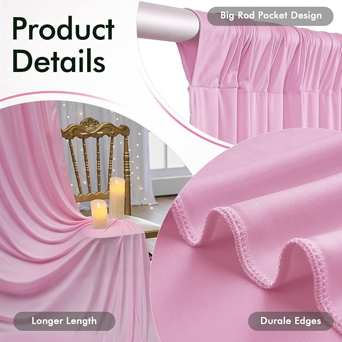50ftx12ft Wrinkle Free Pink Backdrop Curtain, 10 Panels 12FT Height Pastel Pink Drapes for Wedding Backdrop, Silky Polyester Photo Back Drop Cloth for Birthday Party Photography Background
