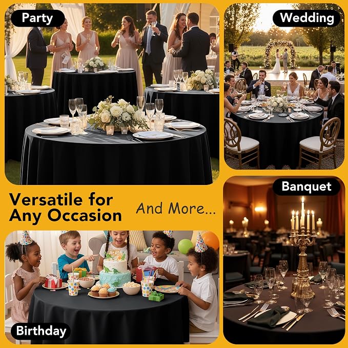 10-Pack Black Round Tablecloths, 84 Inches, Stain-Resistant Polyester for 3-5 Ft Round Tables - Washable Table Covers for Weddings, Banquets, Birthday Parties, Events