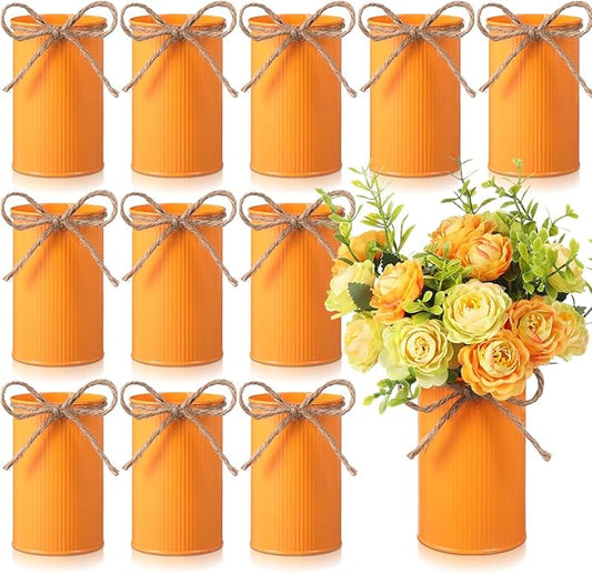 Rustic Vase for Table Centerpieces 4.33 Inch Small Petite Flower Vase with Twine Bow Vintage Farmhouse Decor for Wedding Reception Dining, Home Galvanized Metal Buckets(Orange,12 Pcs)