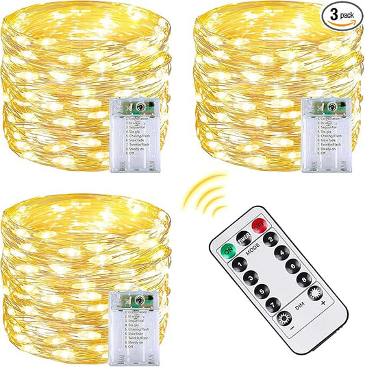 3 Pack 60 LED Fairy Lights Battery Operated with Remote, 8 Modes String Lights Indoor Outdoor, Cuttable Battery Light for Home Bedroom Wedding DIY Centerpiece Christmas Decorations (Warm White)
