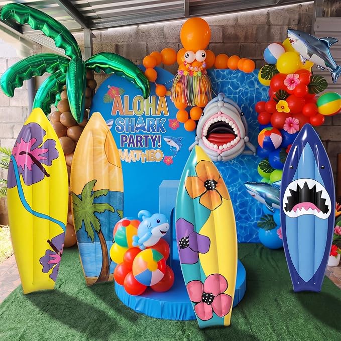 JellyArch 4 Pcs Hawaiian Inflatable Surf Board 36 Inch Inflatable Luau Hawaiian Pool Party Decorations Frangipani Tropical Blow up Surfboard Pool Float Palm Tree for Wall Birthday Beach Party Decor