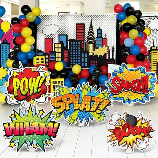 Capoda 5 Pcs Large Hero Party Decorations 16.5 to 26.4 inch Hero Action Cardboard Cutouts Stand up Decorations Comic Word Backdrop for Birthday Party Baby Shower Lawn Classroom Yard Decor