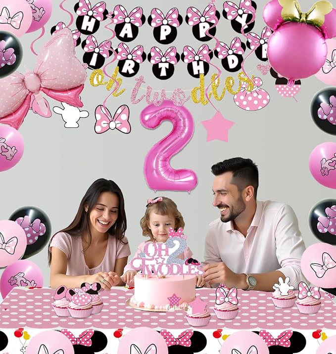 Pink 2nd Birthday Party Supplies, Oh Twodles Girl Second Party Decorations Includes Happy Birthday Banner, Hanging Swirls, Tablecloth, Cake Cupcake Toppers, Bow Foil Balloon, Latex Balloons