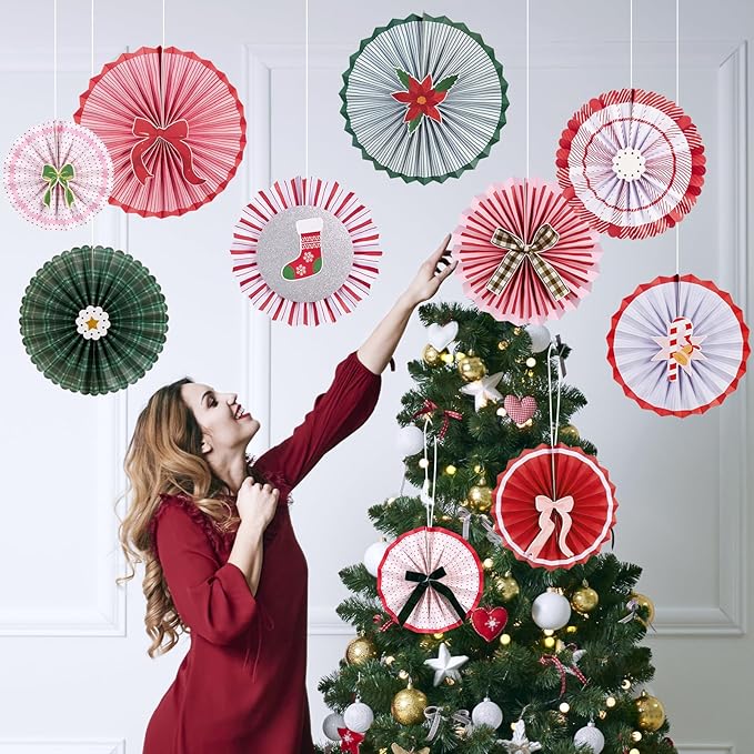 SUNBEAUTY Christmas Party Decorations Hanging Paper Fans Christmas Classroom Decorations Red Green White Paper Fans with Candy Bow for Xmas Holiday Ceilings Wall Decor Winter New Year Party Supplies