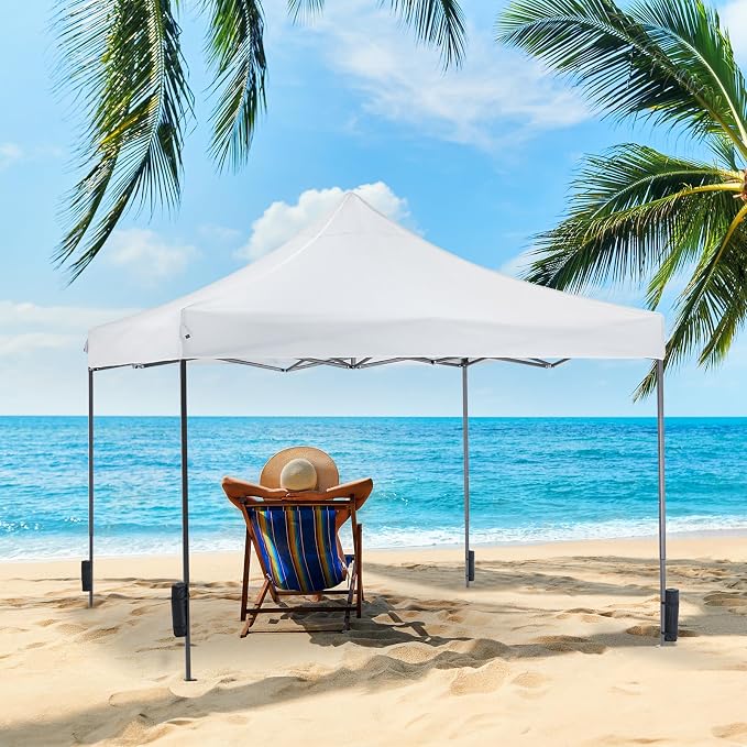 OLIXIS 10x10 FT Pop Up Canopy Tent, Sun Shade Instant Canopy with Windproof Sand Bags, Heavy Duty Portable Outdoor Shelter for Beach Yard Party Events, Bright White