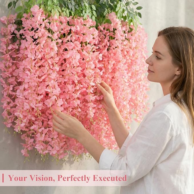 U'Artlines 24 Pack (Total 86.4 Feet) Artificial Fake Wisteria Vine Rattan Hanging Garland Silk Flowers String Home Party Wedding Decor (24, Fuchsia)