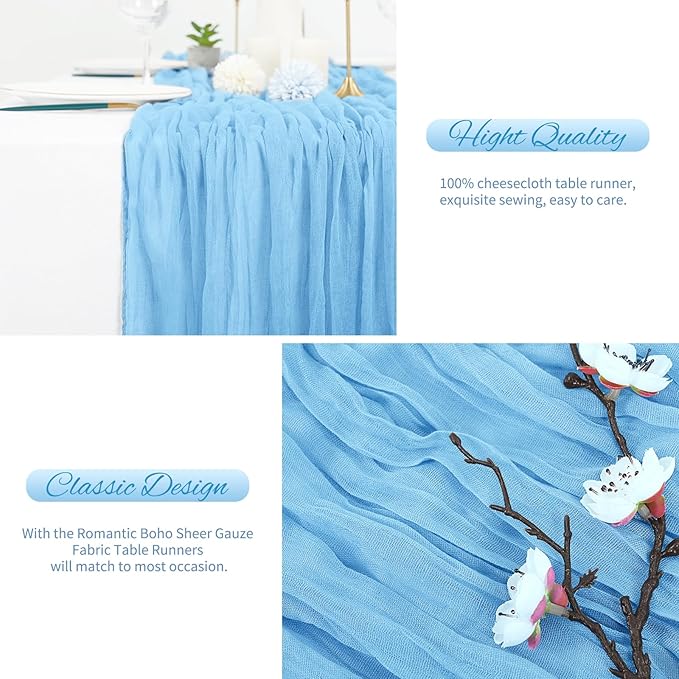 20 Pack Light Blue Cheesecloth Table Runner 120 Inch 10FT Rustic Boho Gauze Cheese Cloth Table Runner for Wedding Party Baby Shower Thanksgiving Christmas Decoration