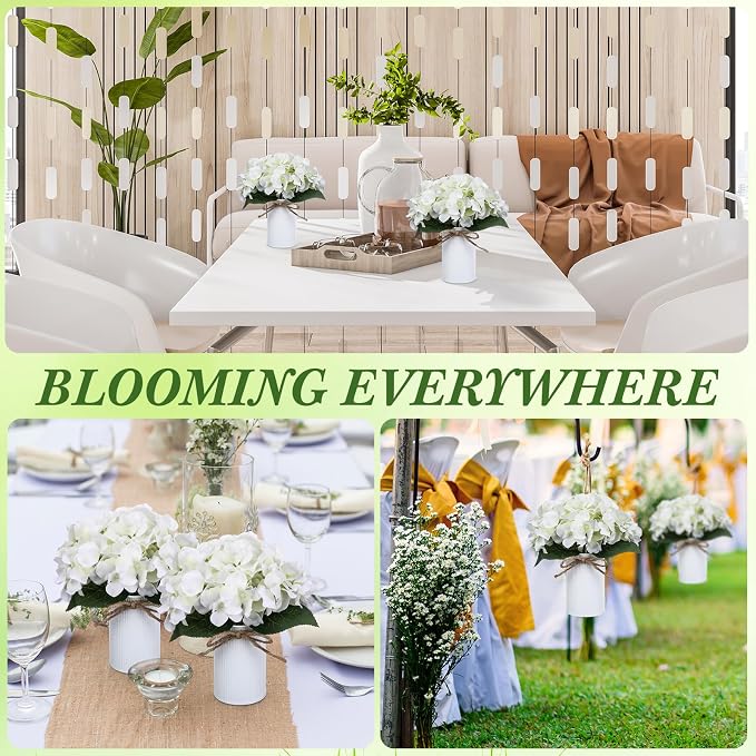 Zeyune White 12 Sets Wedding Flower Table Centerpieces Artificial Hydrangeas with Rustic Metal Vase Fake Hydrangea Flowers in Pot Floral Arrangement for Wedding Bridal Tea Party Table Home Decor