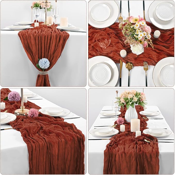 10 Pcs Terracotta Cheesecloth Table Runner 10FT, Gauze Table Runner for Wedding Reception Sheer Bridal Shower Birthday Party Boho Table Decoration, Rustic Romantic Wedding Runner