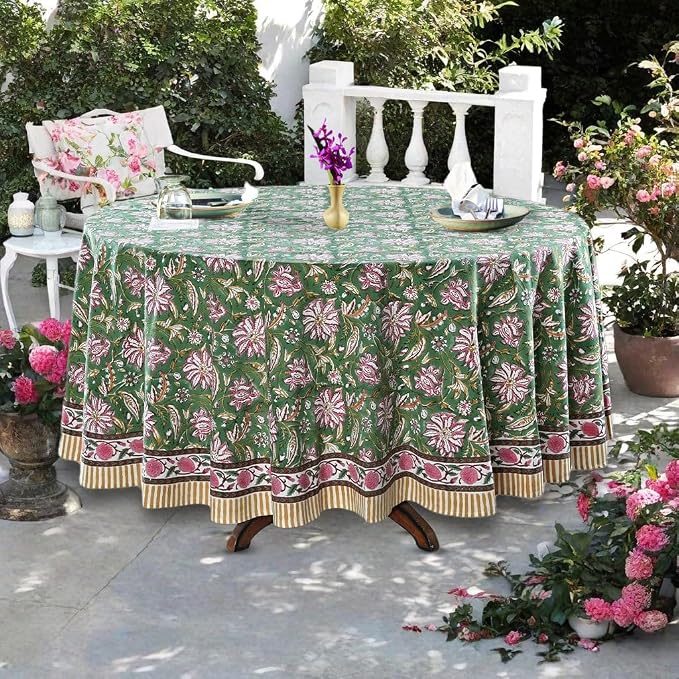 Ridhi Round Tablecloth Hand Block Print 100% Cotton Reusable Hunter Green 60 Inch Table Cover Decorative Everyday Use for Dining, Home, Party, Wedding, Farmhouse, Party Gift for Spring, Mother's Day
