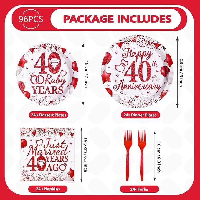 96Pcs 40th Wedding Anniversary Party Supplies Red Happy 40th Anniversary Plates and Napkins Ruby 40 Years Tableware Set for Men Women 40 Years Wedding Anniversaries Party Decorations Serves 24