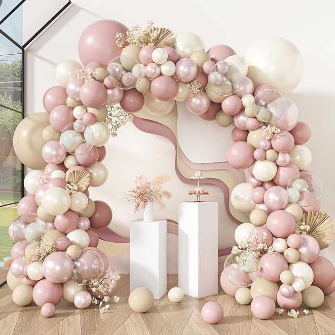 Amandir 173 Pcs Pearl White Pink Balloon Arch Garland Kit, Double Stuffed Dusty Pearl Pink White Sand Clear Balloons for Wedding Boho Neutral Bridal Shower Birthday Valentine's Day Party Decorations