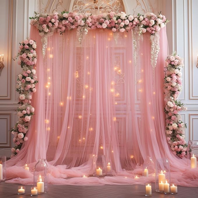 20x8ft Dusty Rose Tulle Backdrop Curtain with Lights String for Parites, Sheer Photo Backdrop Drapes with Lights for Wedding Backdrop Ceremony Reception Bridal Shower Baby Shower Birthday Party