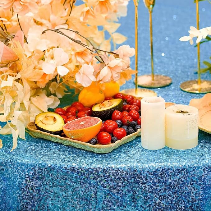 Sequin Tablecloth for Parties 132 Inch - Sparkle Glitter Cloth Round Table Cover Overlay for Wedding Baby Shower Ceremony Birthday Cake Table Holiday Banquet Decoration(Baby Blue)