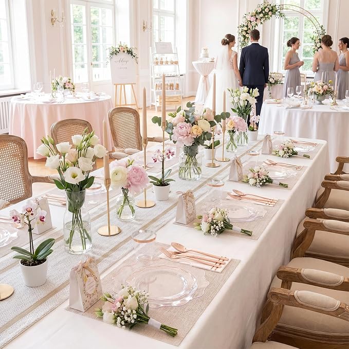 WDF 350Pcs Rose Gold Plastic Plates - Clear Rose Gold Disposable Plates 50Guest Plastic Dinnerware for Birthday/Wedding/Spring Party