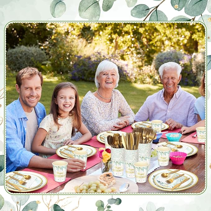 Yungyan 252 Pcs Sage Green Retirement Party Tableware Set Happy Retirement Plates Napkins Cups Forks Knives Spoons for Retired Party Decoration Favors 36 guests