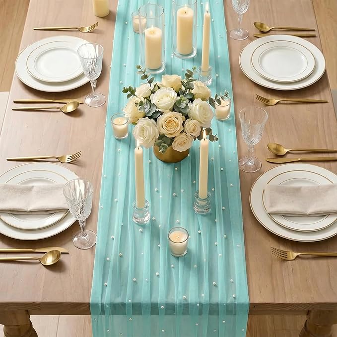 Artoid Mode 3PCS Pearl Turquoise Gauze Table Runner 120 Inch 10FT, Seasonal Sheer Dining Holiday Wedding Birthday Baby Shower Table Decor for Home Party