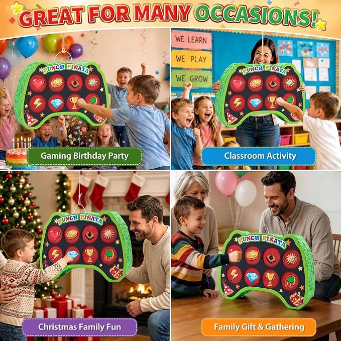 WERNNSAI Game Punch Piñata - Punch Box Piñata with 4 Replacement Punch Papers & 4 Sets of DIY Stickers, Hanging Unboxing Game Supplies for Video Game Party, Gamer Birthday, School Carnival Decor