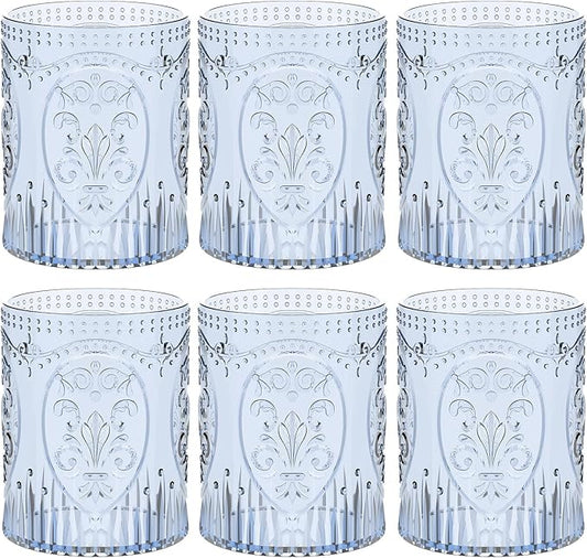 Qinyoung 6 Plastic Vintage Drinking Glasses 8.5oz Stemless Retro Embossed Wine Glasses Shatterproof Reusable Cups for Baby Shower Wedding Reception Grand Event Party (Blue)