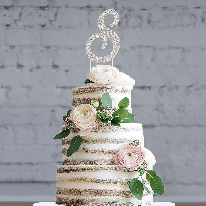 Letter S Cake Topper - Premium Silver Metal - S Monogram Wedding or Anniversary Party Sparkly Rhinestone Initial Decoration Makes a Great Centerpiece - Now Protected in a Box
