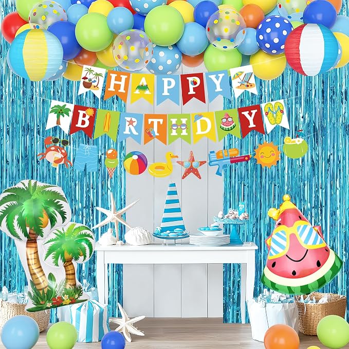 Summer Pool Beach Party Decorations, Splash Birthday Bash Party Supplies Tropical Summer Banner Beach Ball Lantern Fringe Curtain Foil Balloons Arch for Swimming Water Luau Hawaiian Party Decor(Blue)