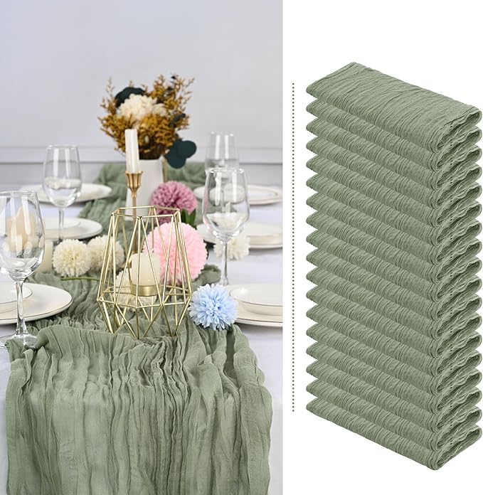 Showgeous 18 Pack Sage Green Cheesecloth Table Runner, 10FT Long Semi-Sheer Boho or Rustic Gauze Table Runner Wedding Table Decor for Wedding Arch Draping Bridal Shower Holiday Party St Patricks Day