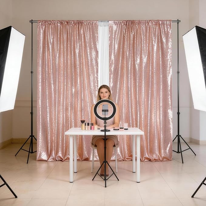 SquarePie 2 PCS 4x10ft Rose Gold Sequin Backdrop for Photography, Extra Long Satin-Backed Real Sequin Curtain, High-Density Shimmering Background with 4" Rod Pocket for Wedding Ceremony, 2 Panels