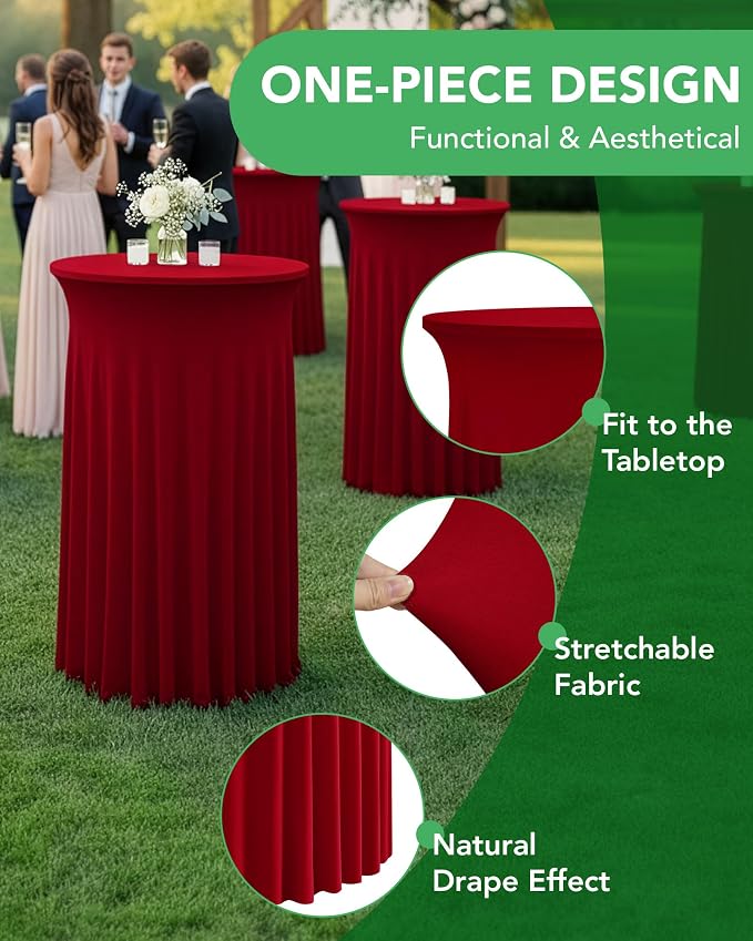 KeyWave Cocktail Table Tablecloth with Skirts - 24x43 Inch Wavy Spandex High Top Cocktail Table Covers, Ruffle Drape Highboy Tablecloth Reusable for Party Wedding Cake Standing Table, Red, 6 Pack
