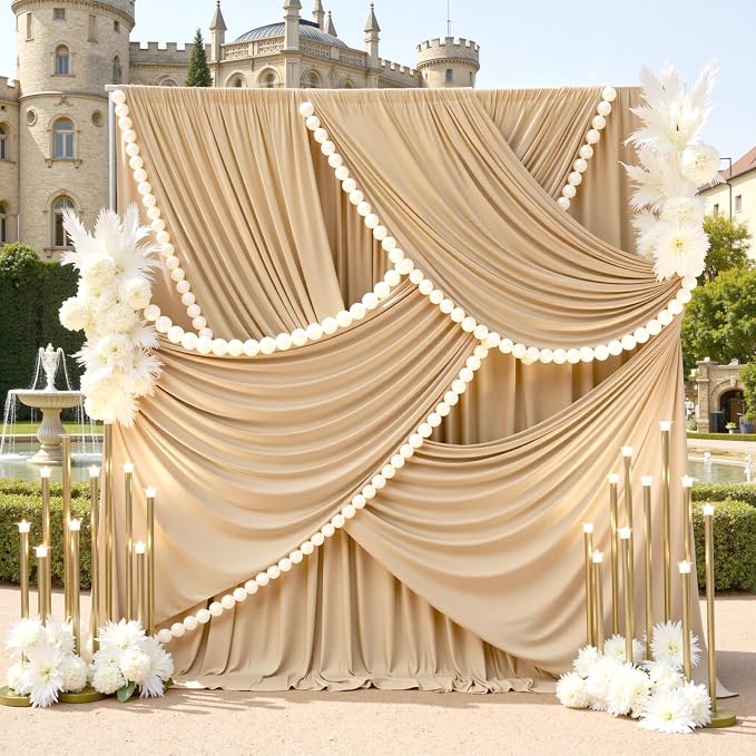 50ft×12ft Champagne Backdrop Curtain for Wedding Parties, 10 Panels Wrinkle Free Polyester Photo Backdrop Drapes Back Drop Cloth for Birthday Photography Background