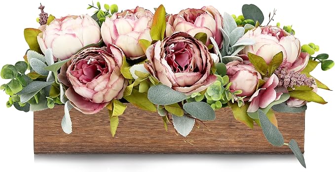 Pre-Made Flower Table Centerpieces for Dining Room Wedding Artificial Peony Table Decorations Wood Tray with Fake Flowers for Living Room Party Bar Kitchen Table(Vintage Pink)