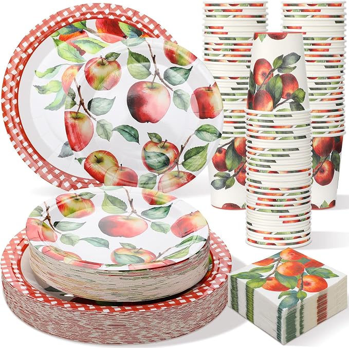 Domensi 250 Pcs Fall Apple Party Paper Plates and Napkins Forks Autumn Apple Party Supplies Decoration Fall Theme Tableware Set for Rosh Hashanah Harvest Fruit Theme Birthday Parties Baby Shower