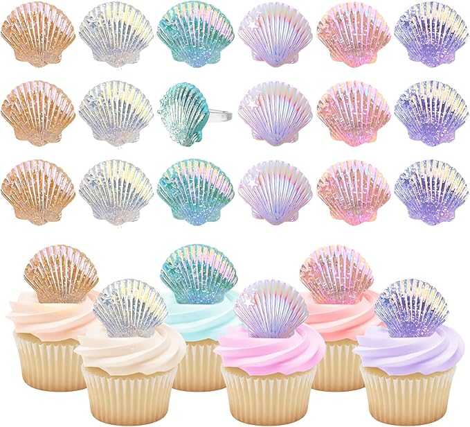 Kenning 24 Pcs Resin Seashell Cupcake Ring Toppers Under the Sea Cupcake Topper for Seashell Theme Birthday Party Cake Decorations Baby Shower Weeding Anniversary Sea Party Supplies