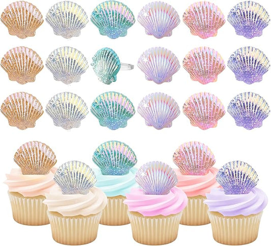 Kenning 24 Pcs Resin Seashell Cupcake Ring Toppers Under the Sea Cupcake Topper for Seashell Theme Birthday Party Cake Decorations Baby Shower Weeding Anniversary Sea Party Supplies