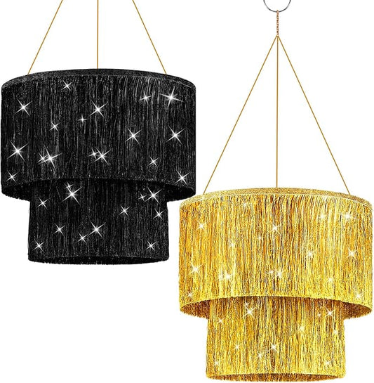 Novabright 2 Pcs 2 Tier Fringe Tinsel Chandelier Foil Iridescent Tassels Trim Shiny Hanging Disco Ball Ceiling Decor for Wedding Anniversaries Birthday 1920s Themed Party (Gold and Black)