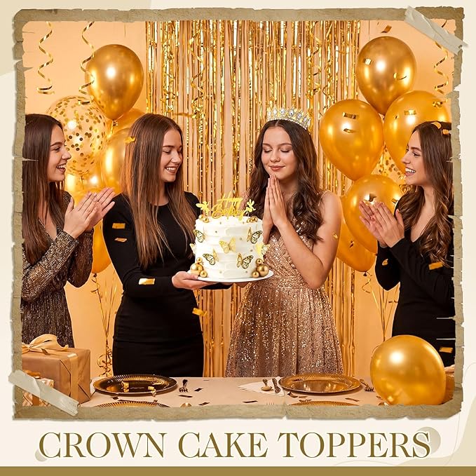 57Pcs 5.7'' Gold Crown Cake Topper Happy Birthday Cake Decoration with Crown Ball 3D Butterflies Birthday Candle Elf Sign Decor for Women Queen Anniversary Celebration Wedding Party Supplies