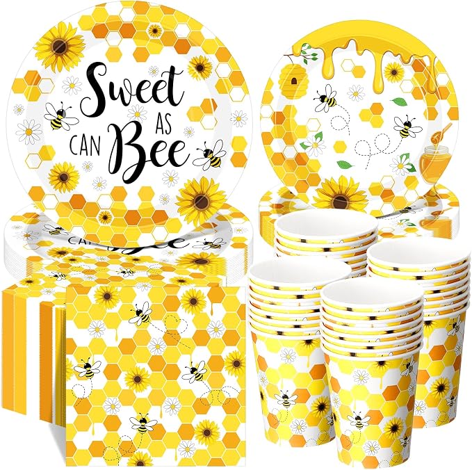 Funnymoom 250 Pcs Bee Party Decoration Sweet as Can Bee Paper Plates Napkins and Cups Baby Shower Party Tableware Set for Honey Gender Reveal Birthday Decorations, Serves 50