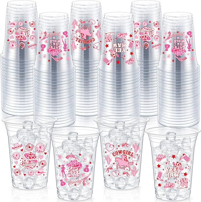 Geyoga 100 Pcs Western Cowgirl Plastic Cups 16 oz Pink Cowgirl Disposable Clear Drinking Cups Bulk Lets Go Girls Decoration for Western Birthday Disco Party