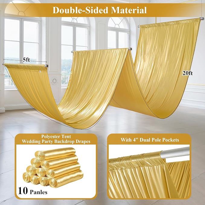 50x20ft Gold Ceiling Drapes, 10 Panels 20ft Height Wrinkle-Free Shimmer Tent Draping Curtains for Wedding Party Tent Canopy Arch Backdrop Decorations