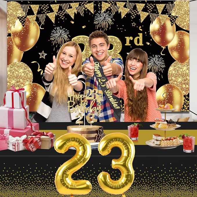 23rd Birthday Decorations Men Women with 23rd Birthday Banner, Black and Gold Table Cloth, Number Balloons, Large Sash, Cake Topper and Candles